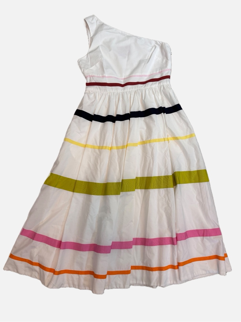 J Crew white cotton poplin one shoulder midi dress colorful ribbon stripes 4